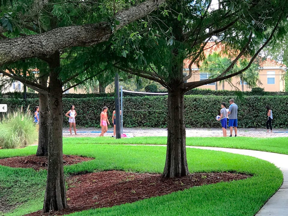 Open green space with shaded trees, ideal for relaxation or recreational activities.