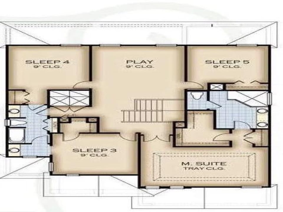 Discover the upstairs layout with bedrooms, play areas, and private spaces for everyone.