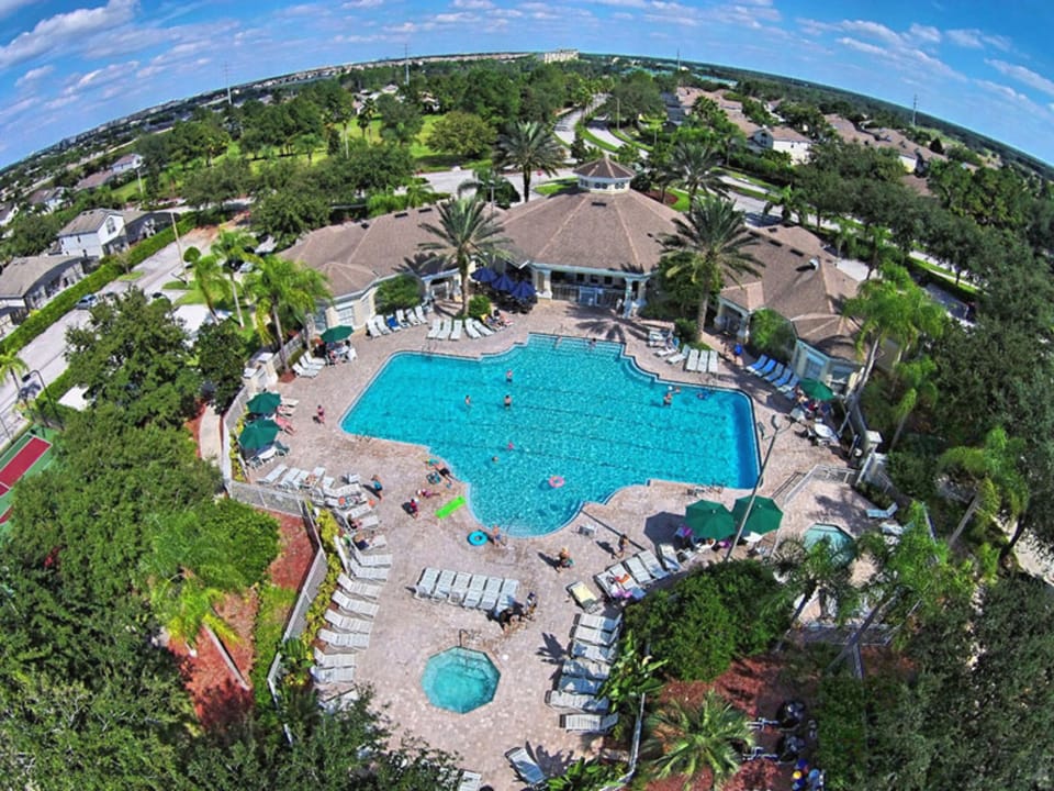 Aerial view of the expansive resort-style pool and surrounding amenities.