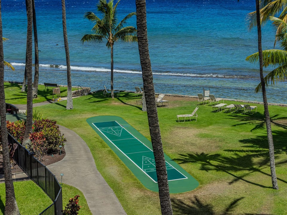 This beachfront property features direct ocean access, tropical landscaping with palm trees, a shuffleboard court, and oceanside loungers—all within steps of the turquoise waters.