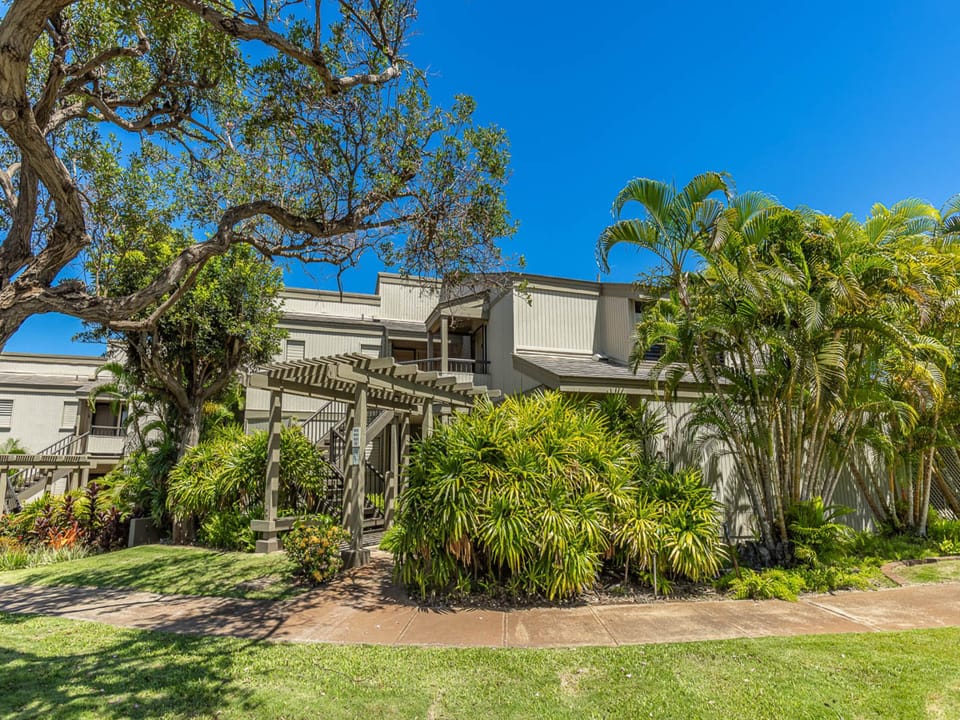 A tropical oasis framed by lush palms and mature trees under vibrant blue skies. The property's charming arbor entrance and manicured gardens create a welcoming island retreat.