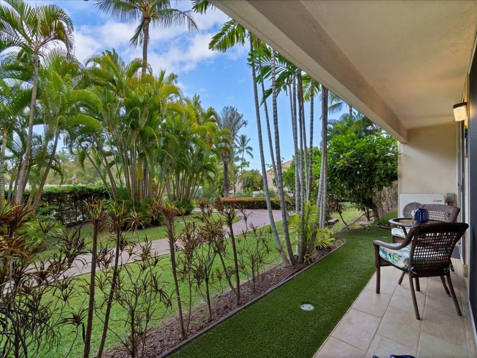 Relax at the lanai table across the street from the beach