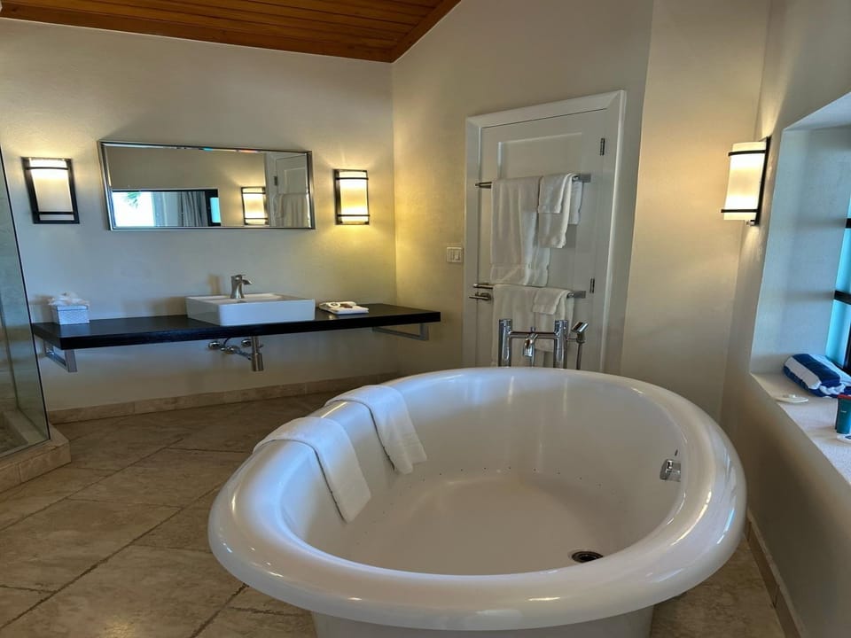 Bathroom with jetted tub and glass enclosed rain shower