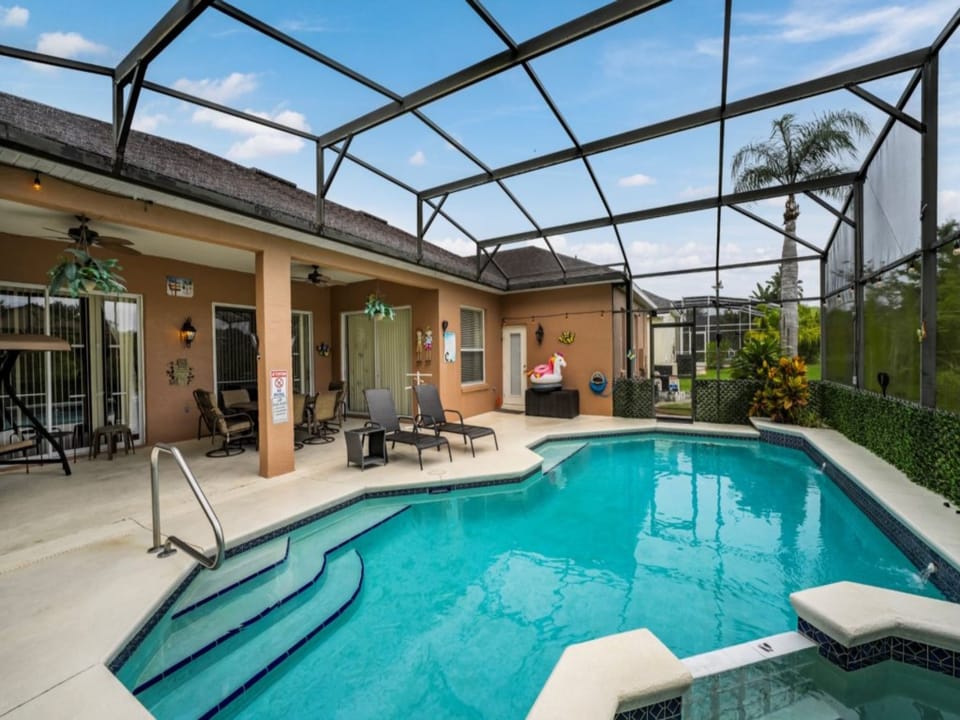 PATIO:  Outdoor Furniture with 6-Seat Dining Table, 3-Seat Porch Swing, 2 Chaise Lounges and 2 Ceiling Fans