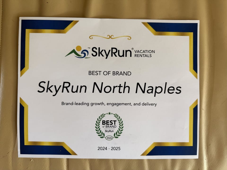 The SkyRun North Naples property proudly displays its Best of Brand award, recognizing outstanding growth, engagement, and service delivery for 2024-2025.