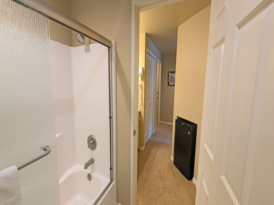 A Shower/Tub Combo and Mini-Fridge