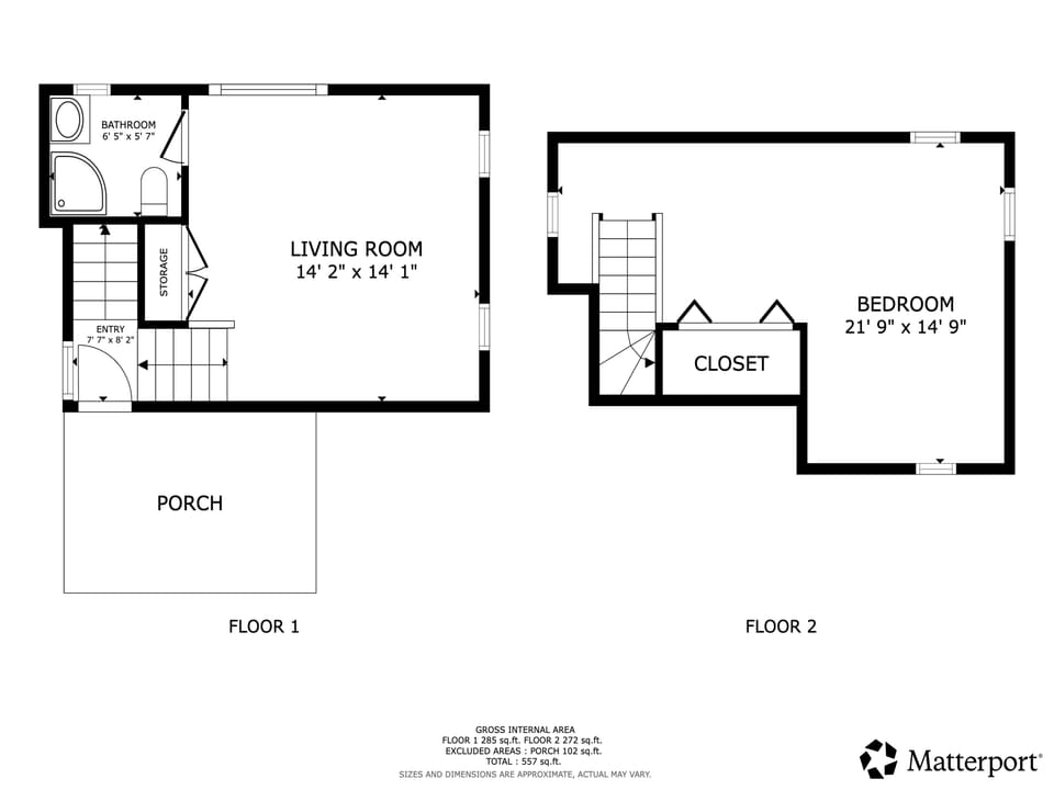 The layout shows a two-story design with a cozy living room, private bedroom upstairs, and convenient entry. Your space is organized for comfort and easy access to all areas.