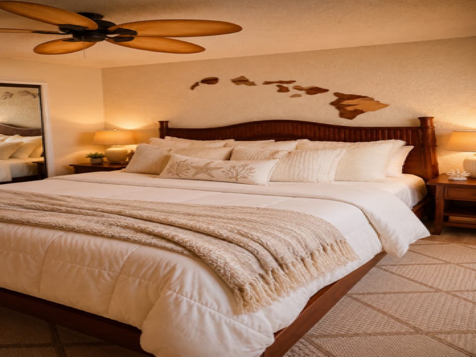 Your island retreat awaits with a plush king bed dressed in luxurious linens, tropical ceiling fan, and thoughtful Hawaiian décor celebrating the spirit of aloha.