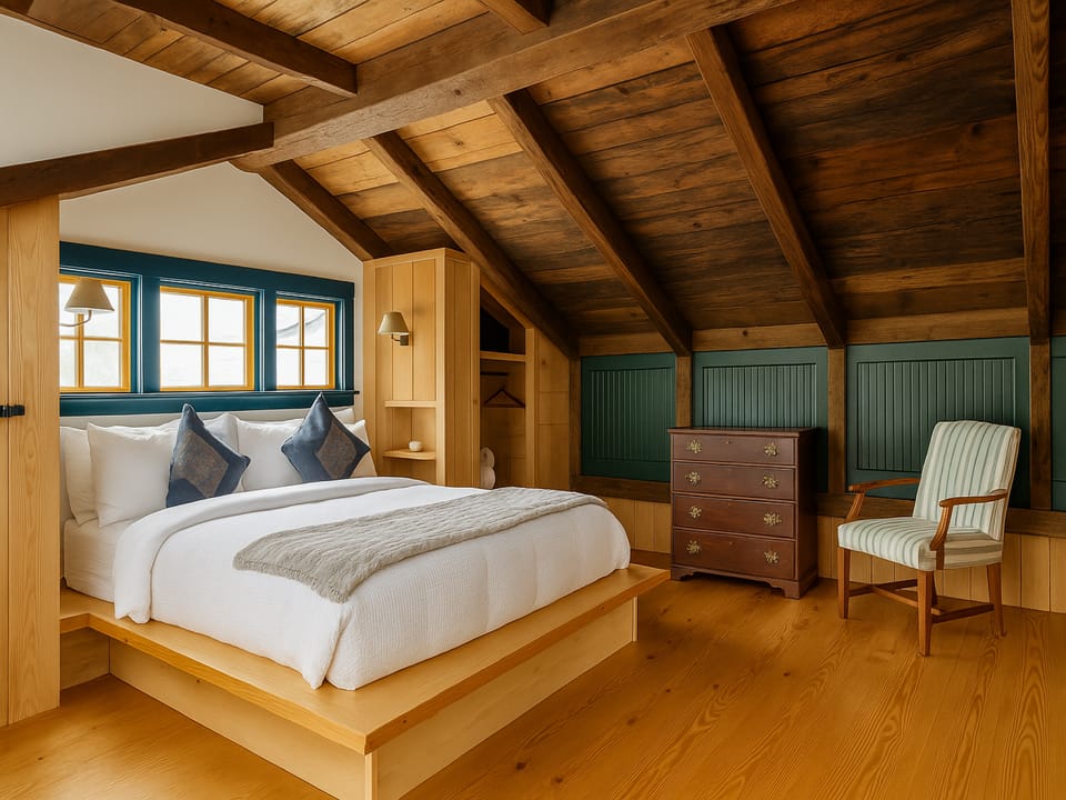 Wake up under exposed beams in this cozy loft bedroom.