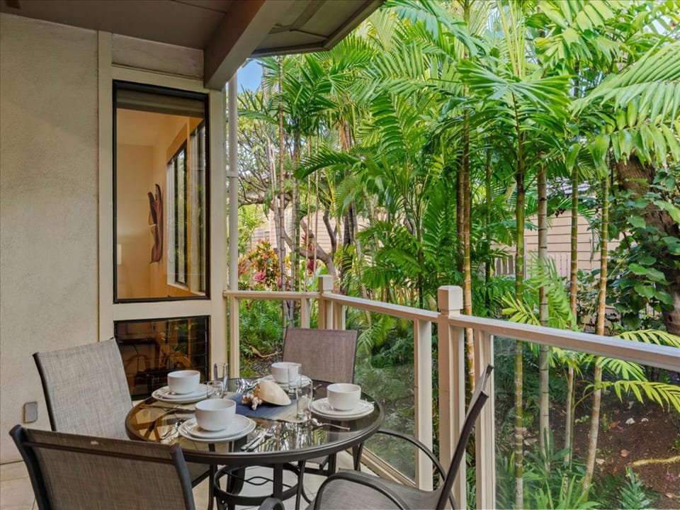 Enjoy morning coffee surrounded by lush Wailea greenery