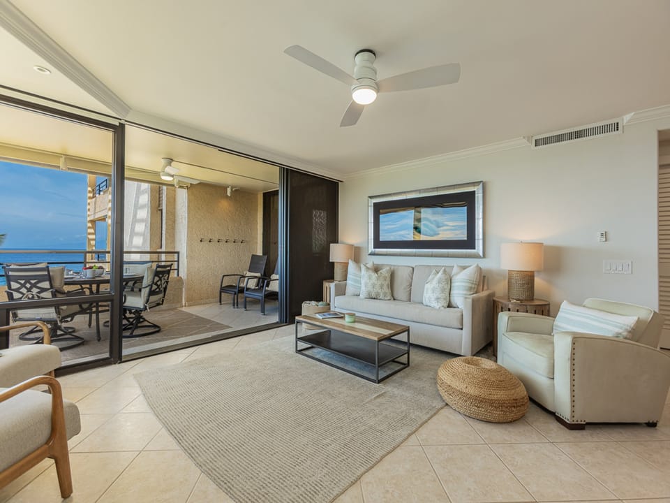 Unwind after a fun filled day on Maui with ocean views streaming through sliding doors to your private lanai.