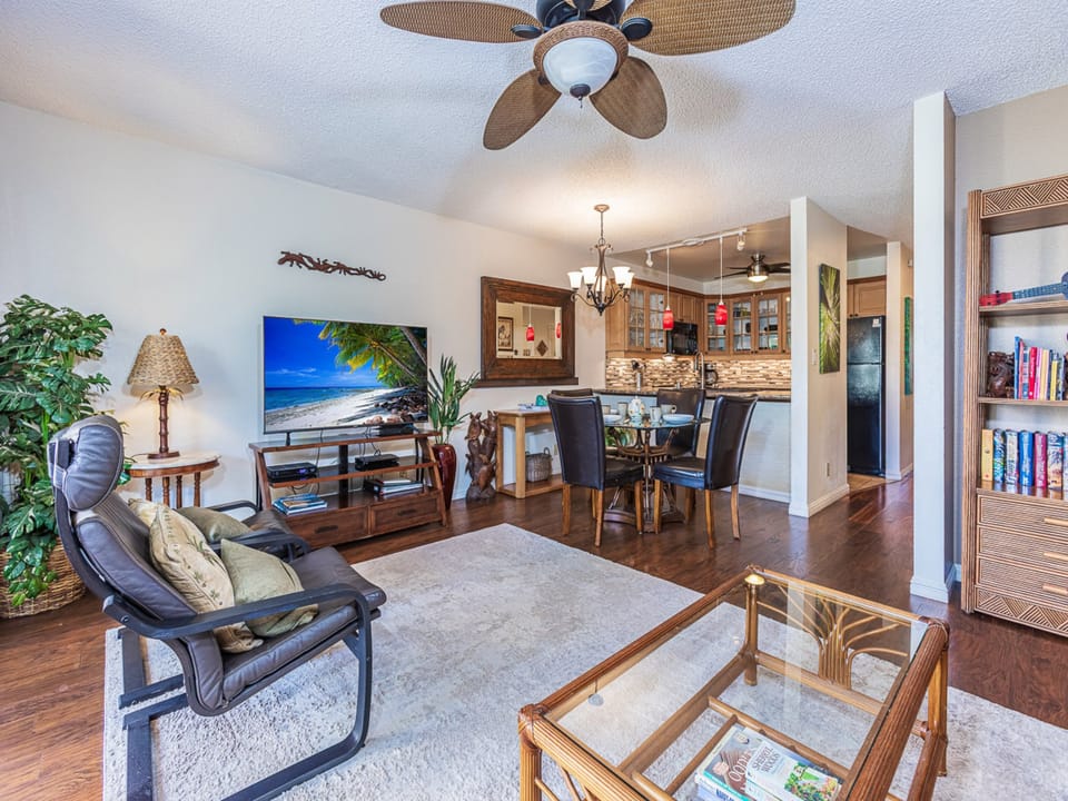 Relax in the living space, comfortable seating, and a kitchen perfect for dining.
