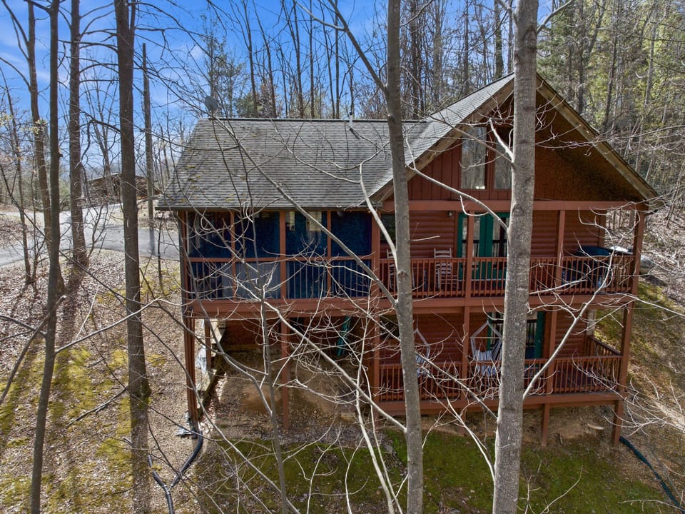 Rustic log cabin retreat nestled among towering trees, featuring covered porches and natural woodland surroundings for a peaceful mountain getaway.