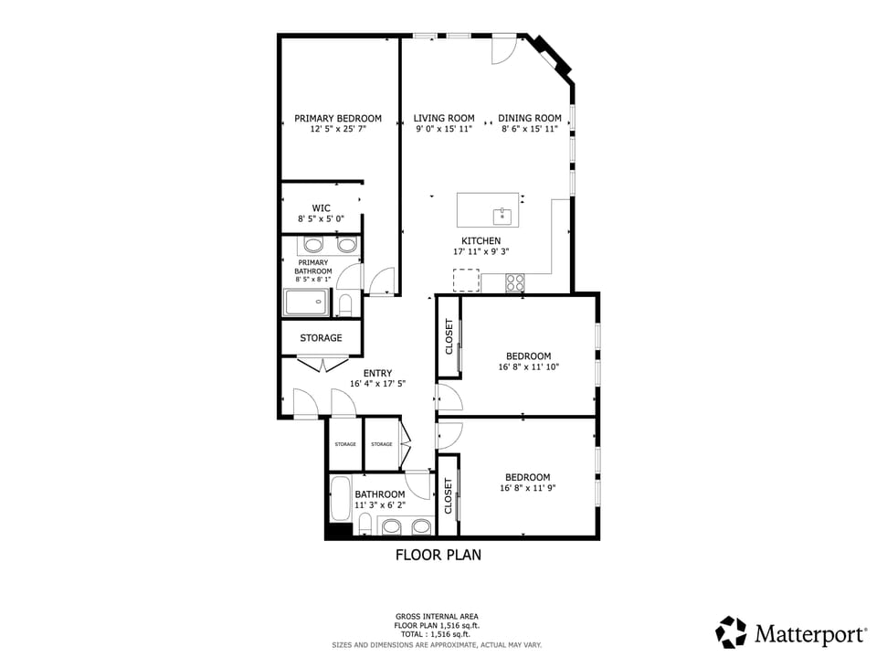 A detailed floor plan showing three bedrooms, two bathrooms, open living and dining areas, full kitchen with island, walk-in closet, storage, and welcoming entry space.