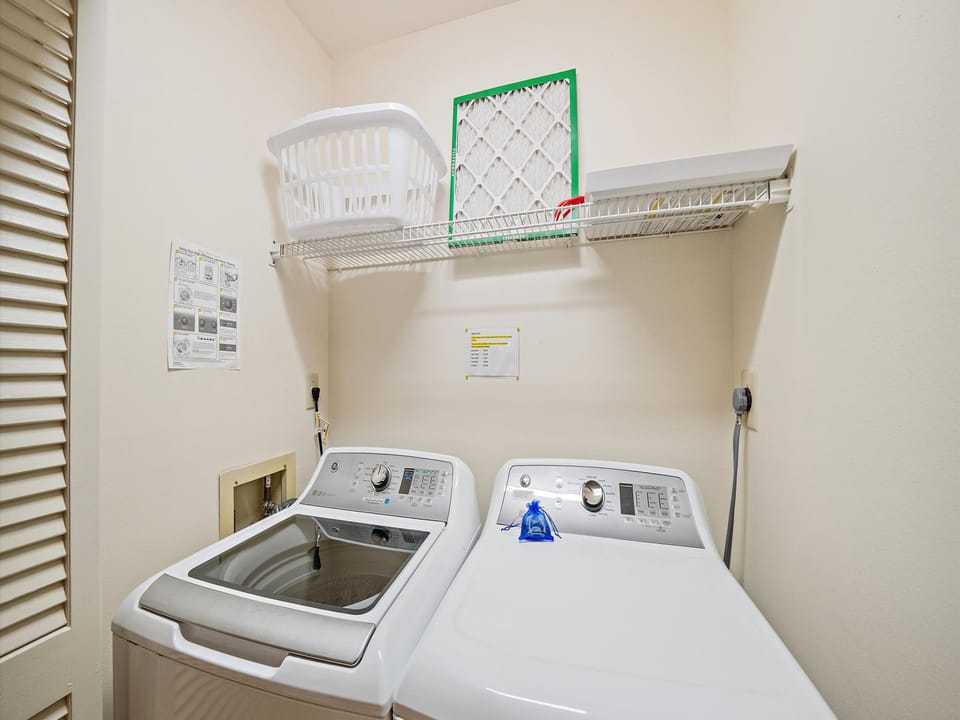 Your private washer and dryer make packing light a breeze, with convenient overhead storage for supplies and detergent.