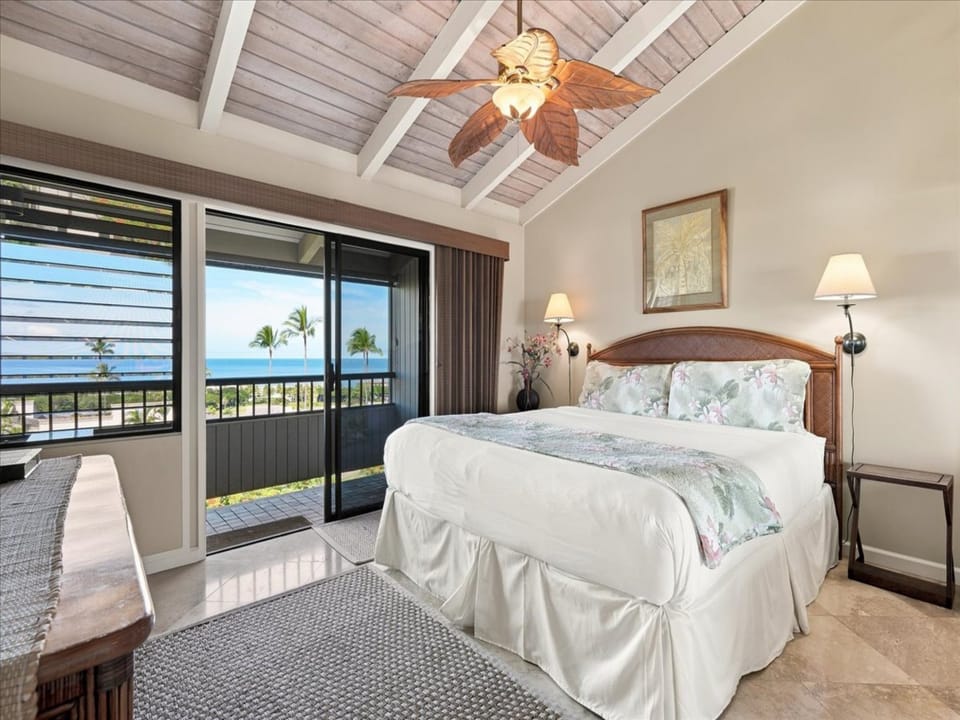Wake up to ocean breezes and stunning views through your private lanai doors. Soft linens, AC and a tropical ceiling fan complete your peaceful island retreat.