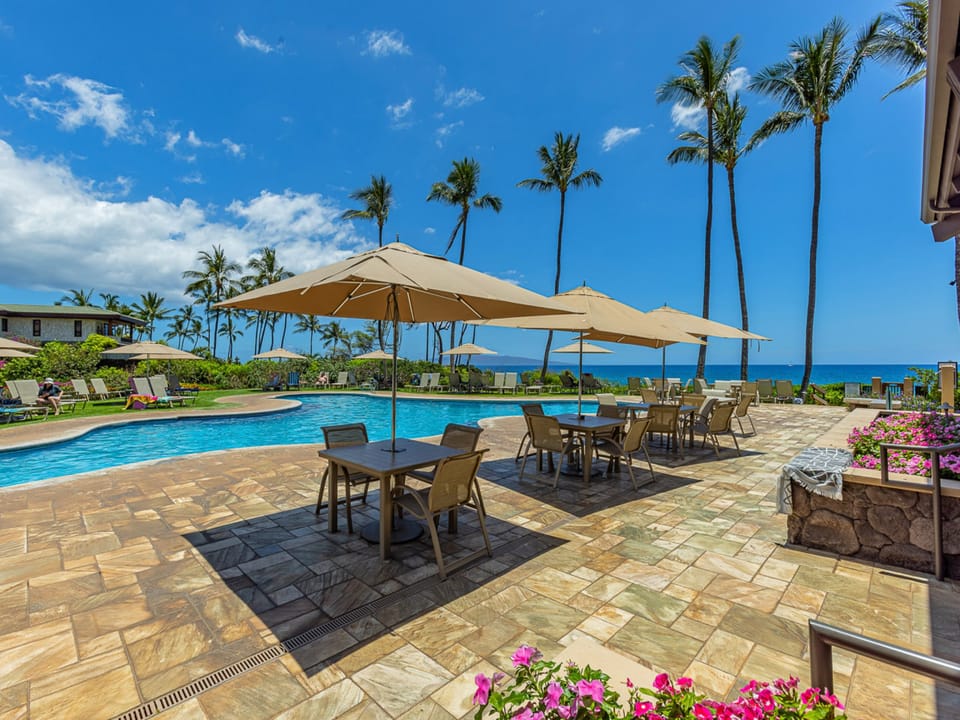 A poolside oasis set against swaying palms and sparkling ocean waters, where sunny days invite you to relax under shaded umbrellas and soak in the tropical beauty all around.