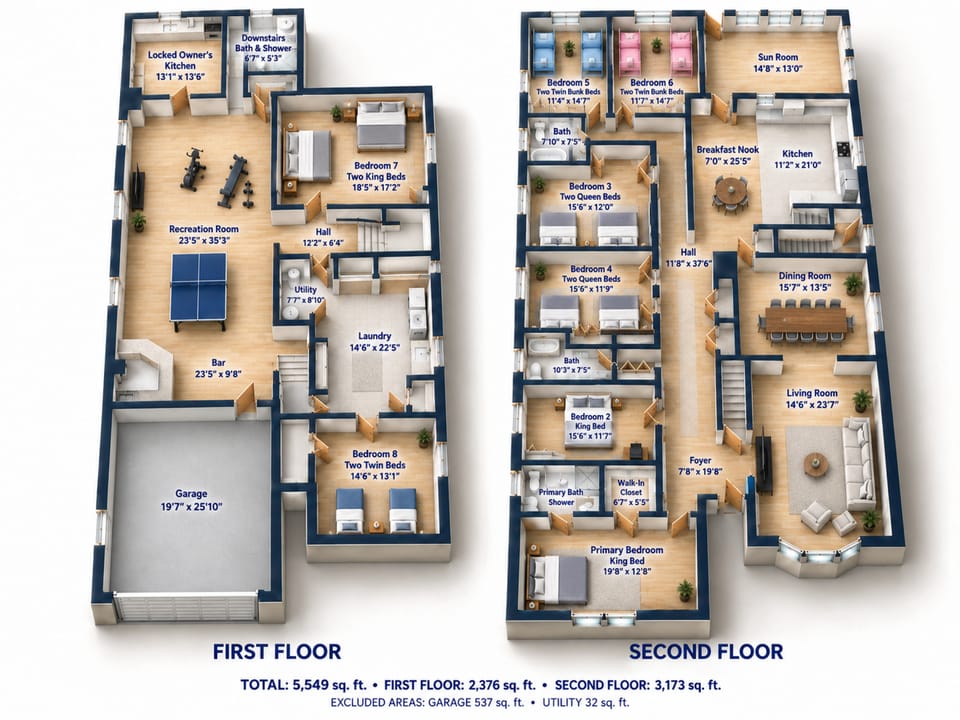 Spacious 8-bedroom retreat with game room, sunroom, and large gathering spaces