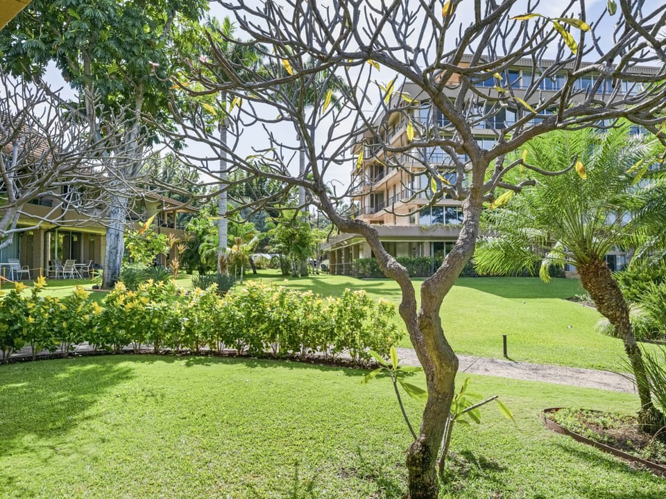 A peaceful resort setting featuring well-maintained grounds with mature tropical trees, manicured lawns, and lush gardens surrounding the property building.