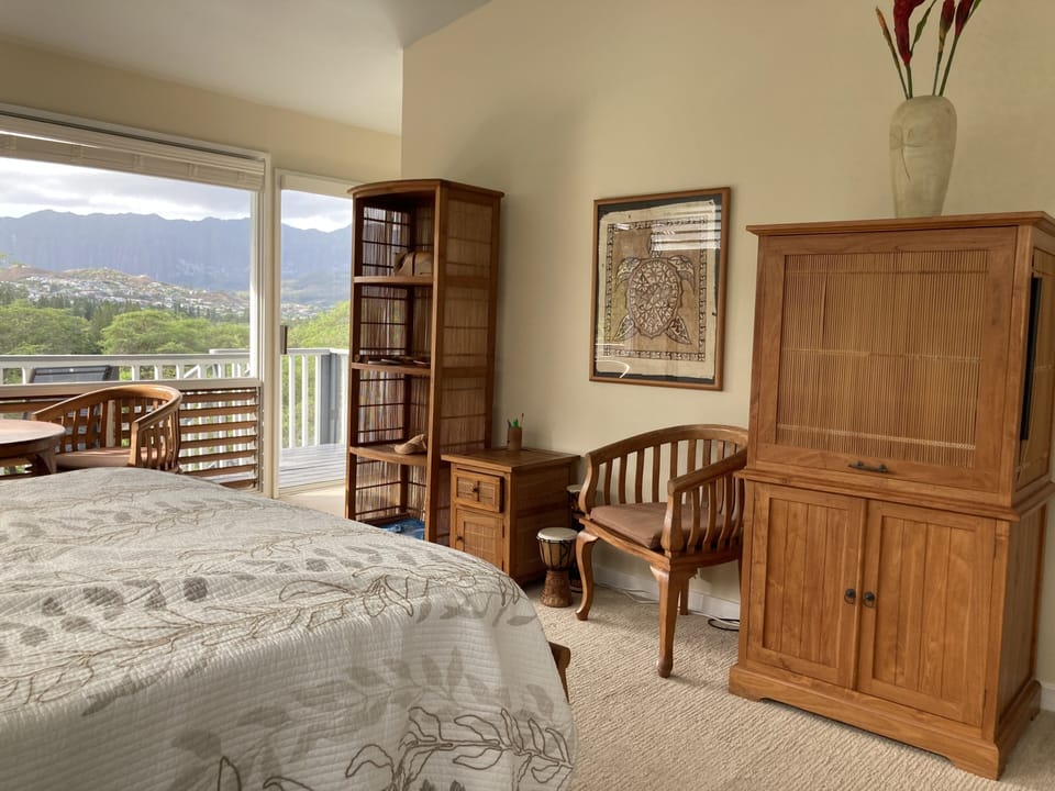 Opposite queen bed in studio is the cable TV console.
