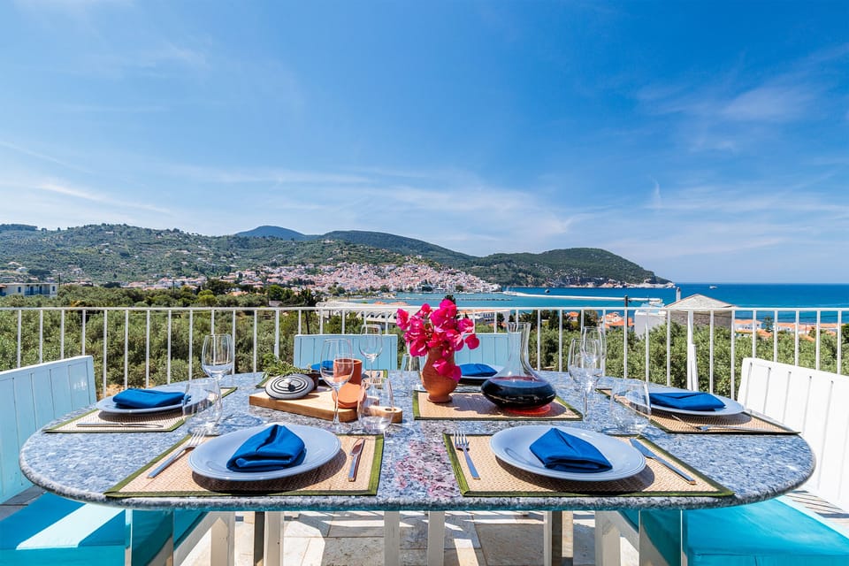 Enjoy amazing views of Skopelos town across the bay while taking your breakfast.