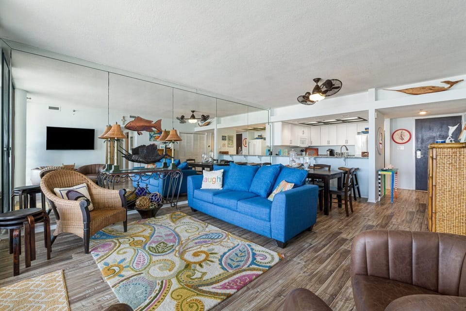 A cozy sleeper sofa can be found in the living room to accommodate extra guests.