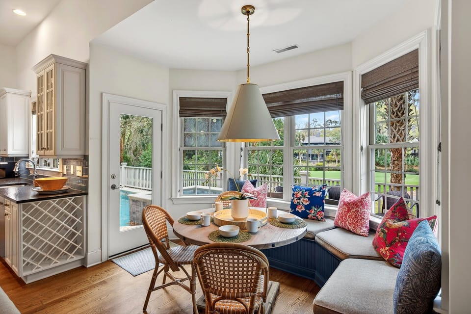 Enjoy dining with pool and golf views
