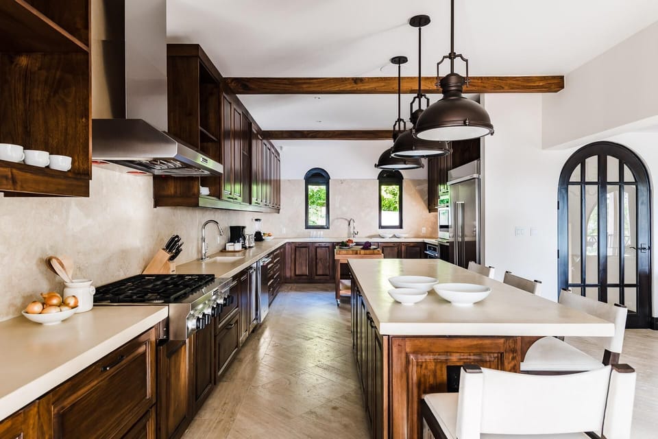 Open kitchen, stainless steel appliances, ocean views