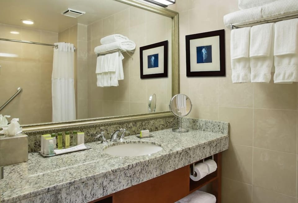 Refresh comfortably with bright lighting, plush towels, and amenities.