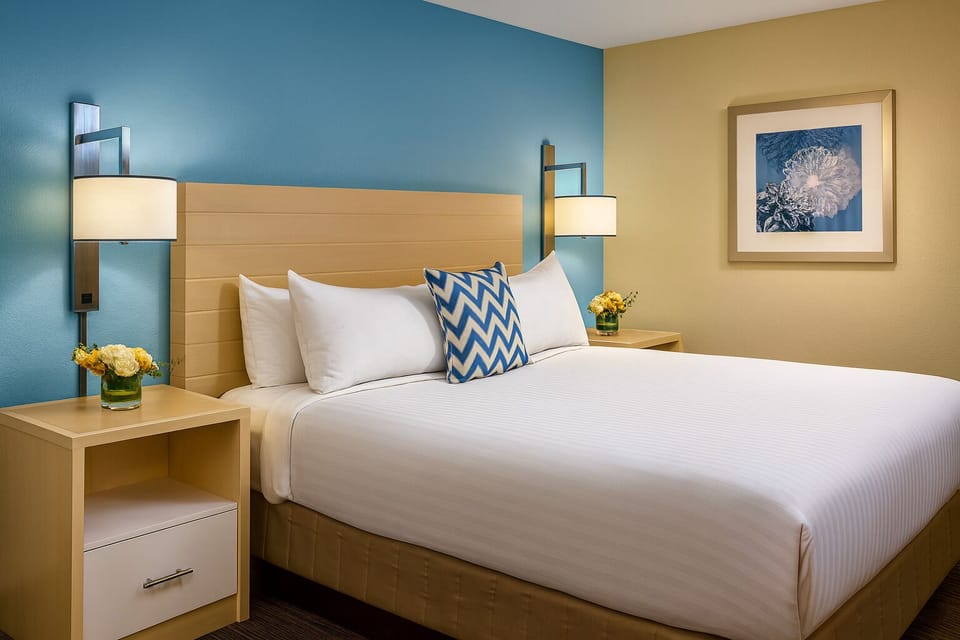 Unwind in crisp linens beneath warm, soothing bedside glow.