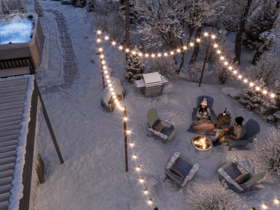 Backyard with 19' swim spa, Solo fire pit, Gazebo, Grill, and Sting lights