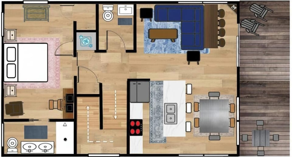 The upper level of The Compass Star features an open-concept kitchen and living area, plus 1 bedroom and 1.5 bathrooms.