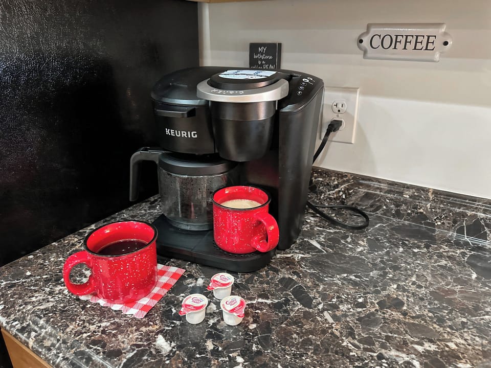 Including, of course, our little coffee bar with a Keurig Drip/Pod machine.