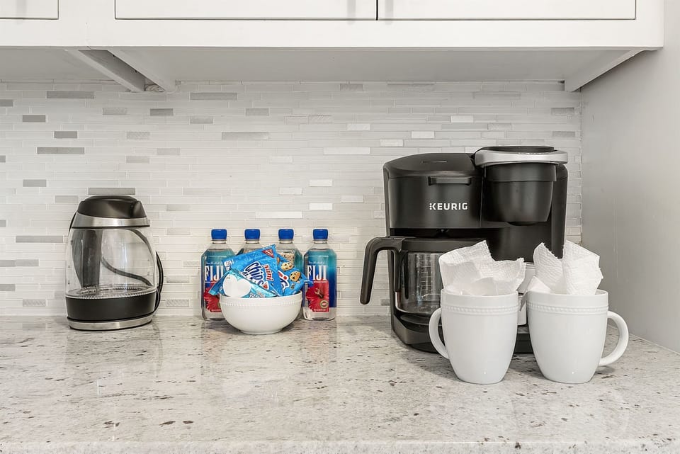 Star of the drinks station is the Keurig coffee maker.