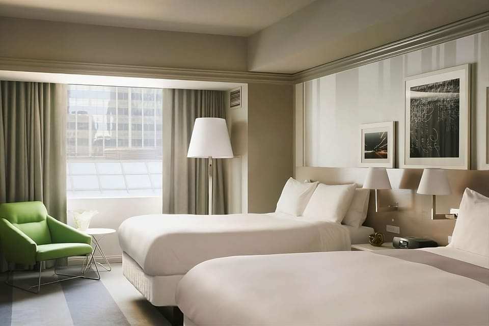 Settle into plush double beds with soft daylight and calm decor.