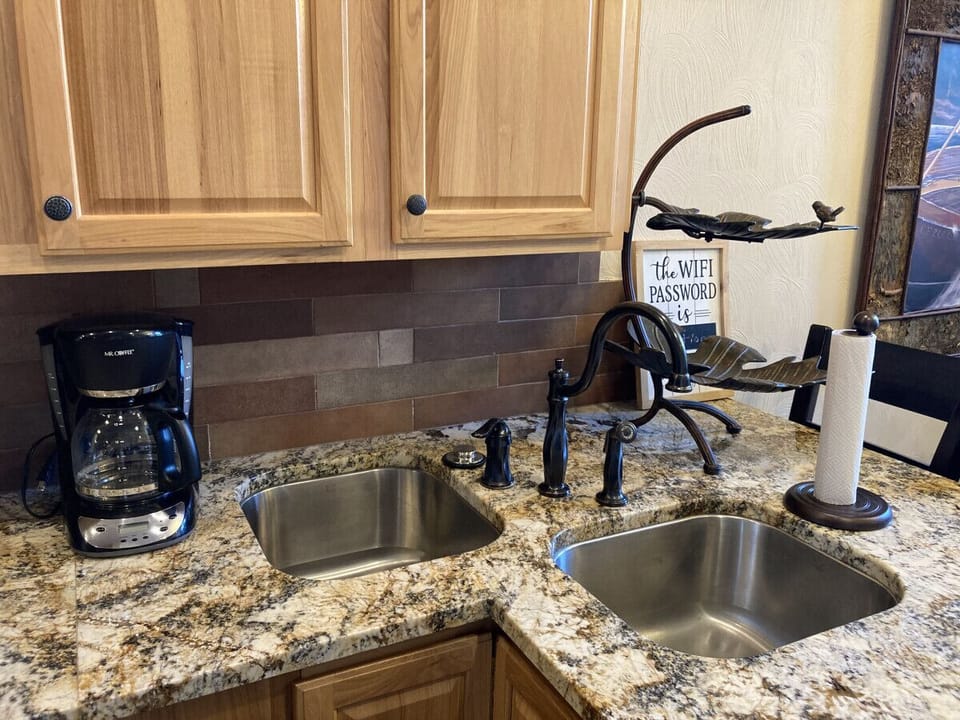 Drip coffee maker and double sinks for easy cleanup