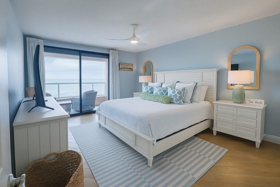 King-sized bed with direct balcony access and ocean views.