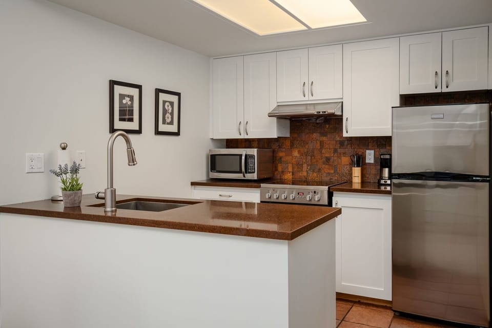 Fully equipped kitchen with granite counters and modern appliances