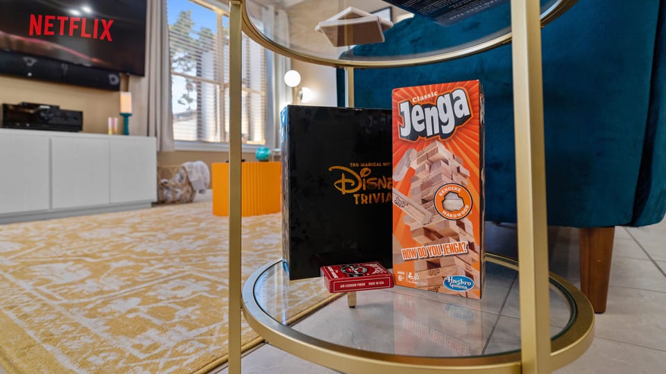 Jengga and Disney Trivia board game available at the living room