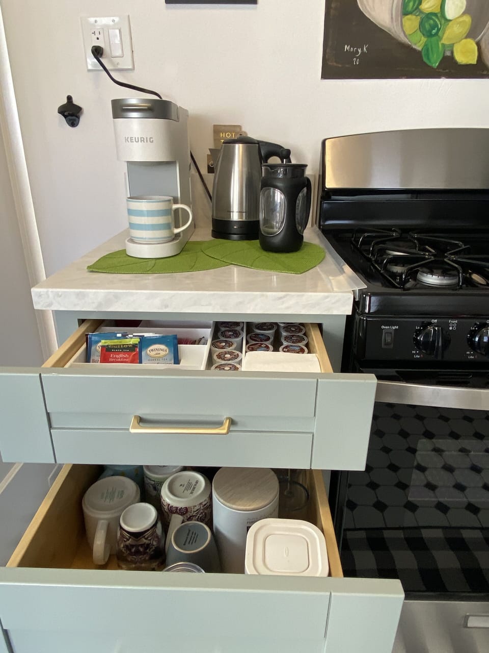 Coffee and tea station.