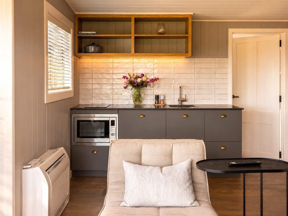 Kitchenette has small hob, microwave, draw fridge, dishwasher