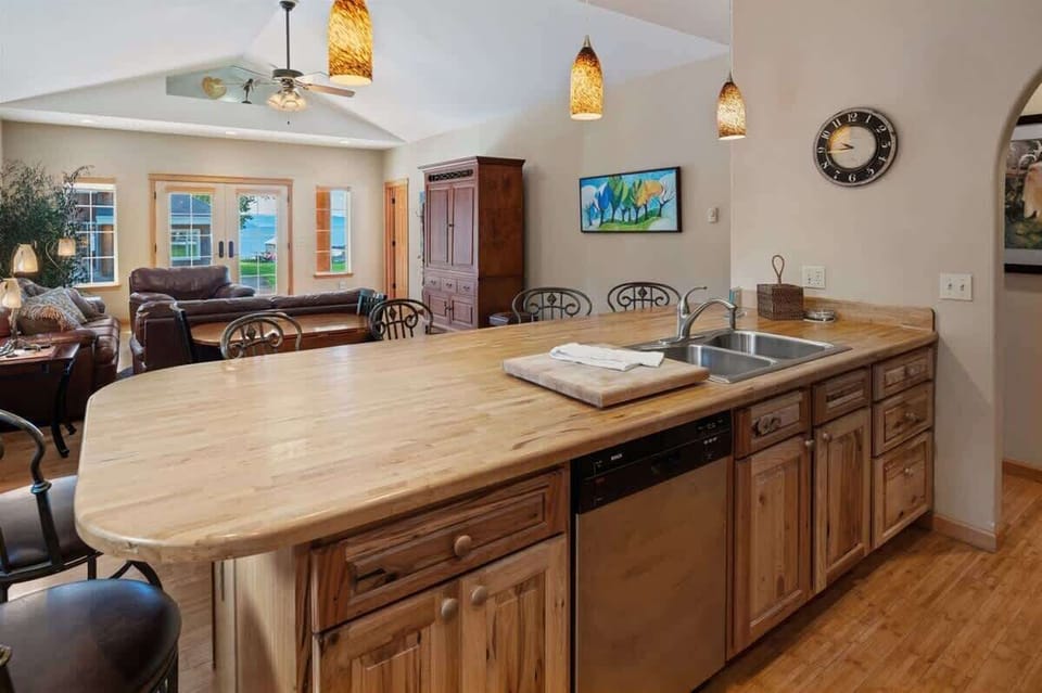 Guest house kitchen overlooking living area. 