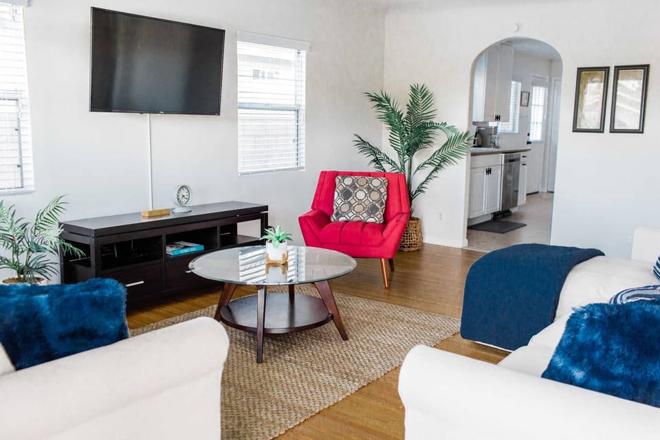 Living room with a peek into the kitchen