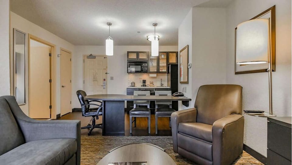 Settle in with a spacious table for meals or work.