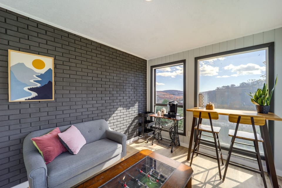 Sunroom | Expansive Mountain Views | Foosball Coffee Table