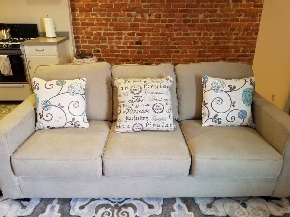 Comfortable pull-out couch converts to a queen sized bed. Topper and air mattress also provided