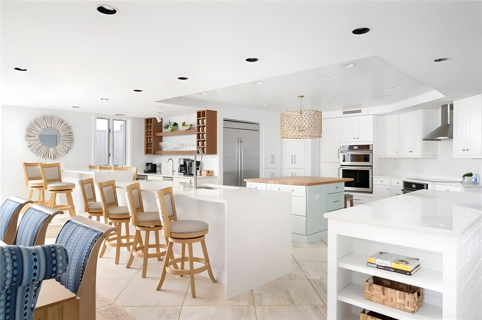 11 bar stools, plus dining table seats eight people.  Perfect for entertaining.