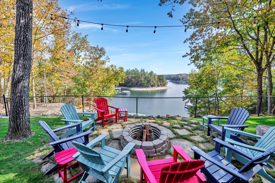 Seating for everyone around the large custom firepit. A beautiful view all day.
