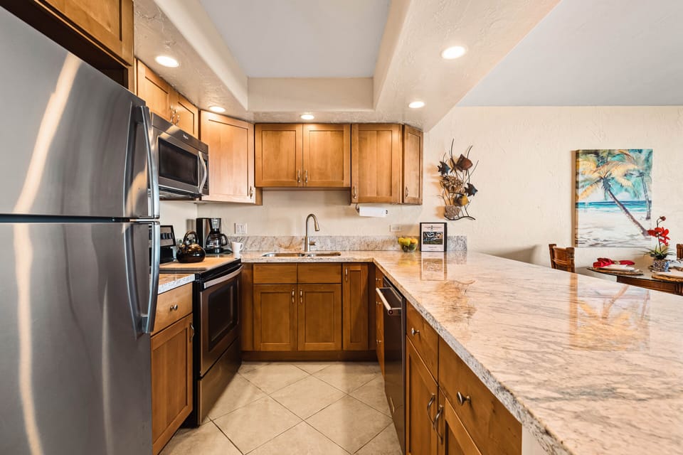 Granite countertops and ample cupboard space