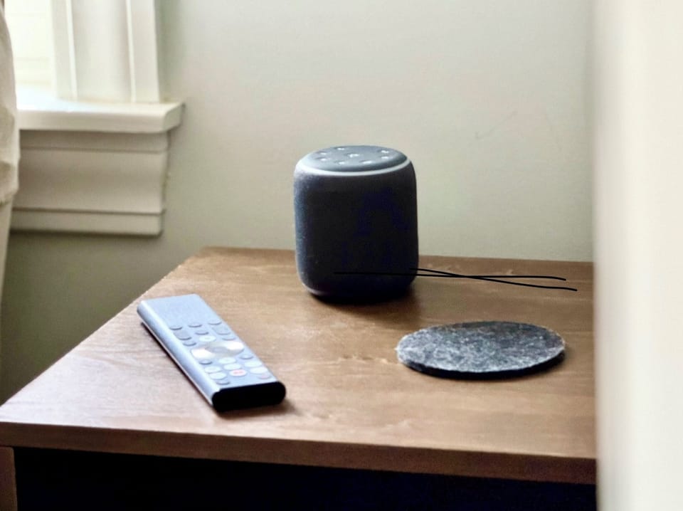 Master has a blue tooth speaker that is also a sound machine and an alarm clock.